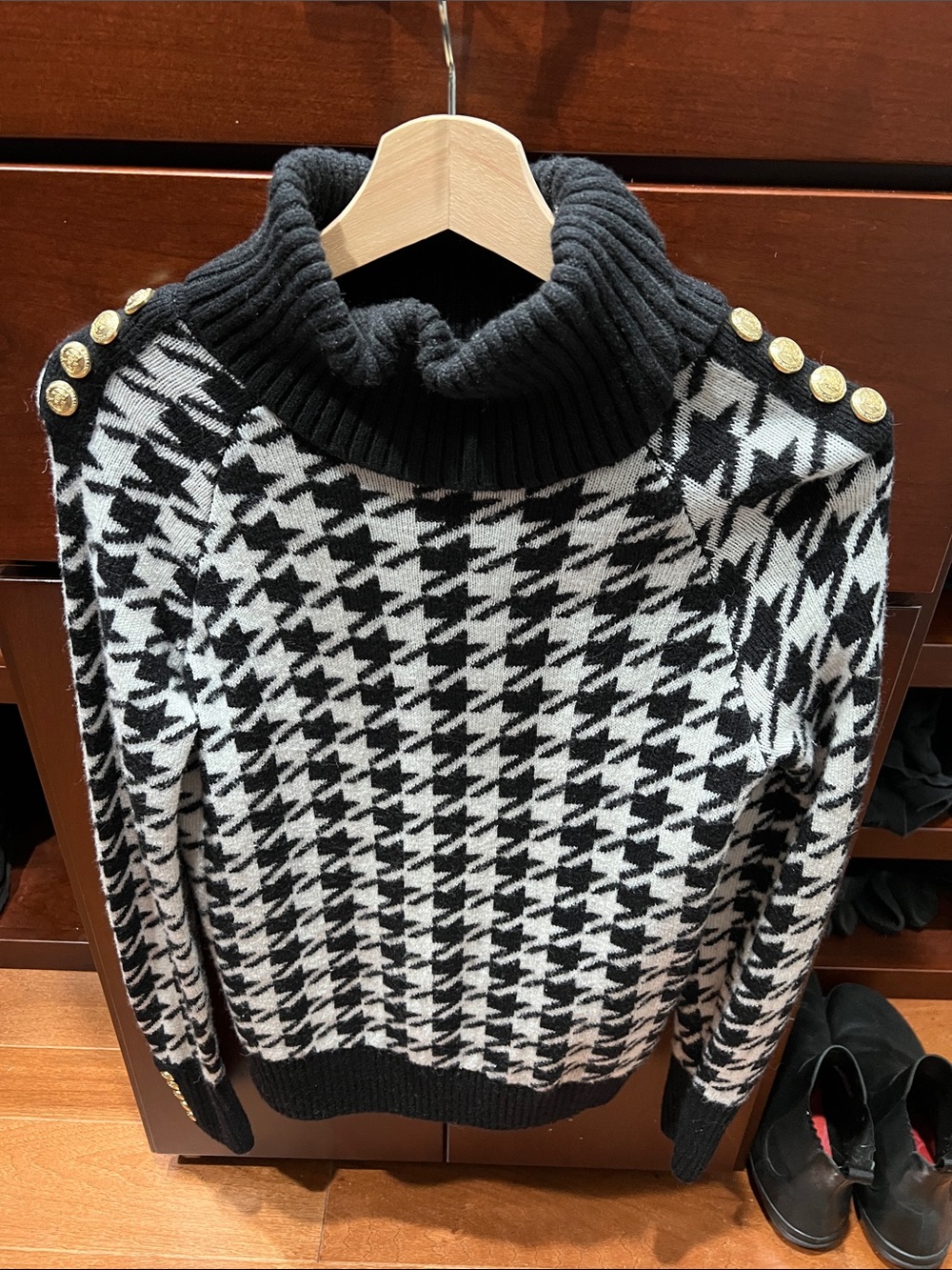 Holland Cooper Black & White Houndstooth Turtleneck Sweater with Gold Buttons